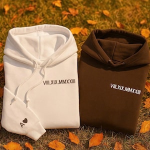 Custom Embroidered Roman Numeral Hoodie, Couple Shirt Initial On Sleeve Anniversary Year Personalized Date Hoodie Christmas Gift MADE IN USA