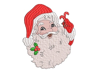 Puede incluir: Una ilustración de dibujos animados de Papá Noel con un gorro rojo y barba blanca, sosteniendo un bastón de caramelo en su mano derecha. Está sonriendo y mirando hacia la derecha.