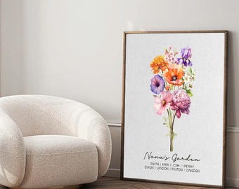Family Birth Flower Bouquet Gift, Nana's Garden Mother's Day Grandma Gift Watercolor Birth Month Flowers Personalized Gift Digital Download