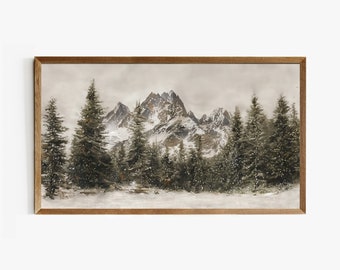Rahmen Tv Urlaub Kunst, Verschneite Winterwald Druck, Weihnachten Samsung Rahmen Tv Kunst, Vintage Wald Berg Malerei Digitaler Download, TV-26