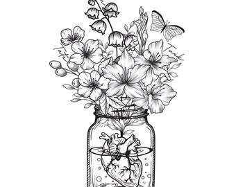 Personalized Birthmonth Flower with Heart In Glass Jar, Hand Drawn Sketch Style Drawing Tattoo Design, Family Birth Month Tattoo Design