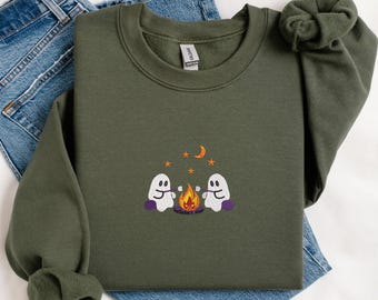 Ghost Campfire Embroidery Sweatshirt, Cute Fall Halloween Pullover, Ghosts Bonfire Shirt, Cozy Embroidered Gift for Her, MADE IN USA