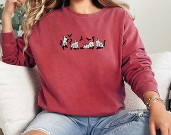 Sweat d'Halloween Sweat-shirt brodé de chats fantômes Couleurs confortables Col rond brodé de chats fantômes Chauves-souris et chats fantômes, MADE IN USA