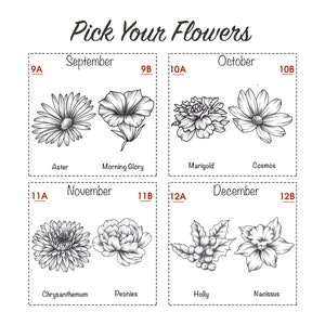 May include: A chart showing different types of flowers and the months they bloom in. The chart is divided into four sections, each representing a month: September, October, November, and December. Each section features two flowers, with the name of the flower listed below the image.