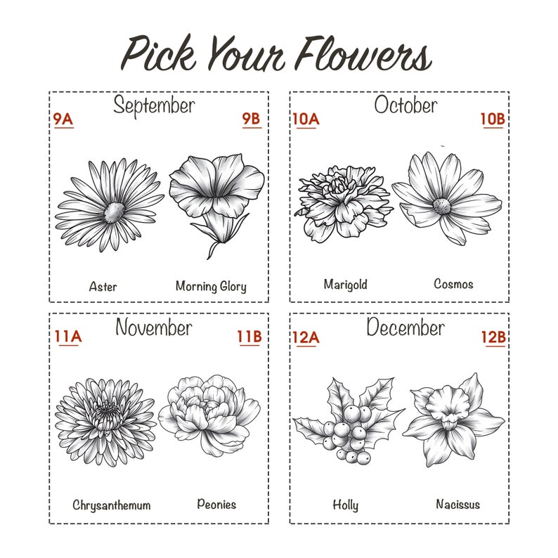 May include: A chart showing different types of flowers and the months they bloom in. The chart is divided into four sections, each representing a month: September, October, November, and December. Each section features two flowers, with the name of the flower listed below the image.