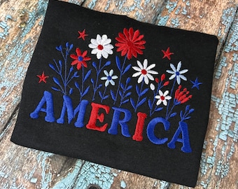 Diseño de bordado de flores silvestres de América, archivo de bordado floral del 4 de julio, archivo de bordado del Día de la Independencia, diseño floral patriótico, 6 tamaños