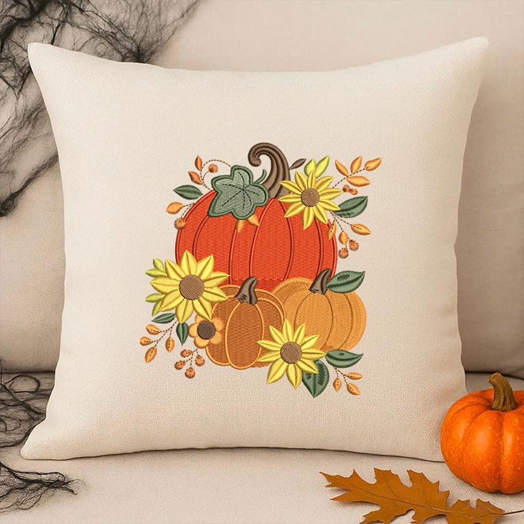 Fall Pumpkin Embroidery Design With Sunflowers, Autumn Harvest Machine ...