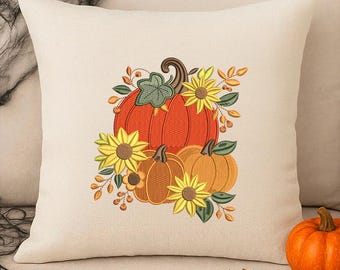 Herfst pompoen borduurontwerp met zonnebloemen, herfstoogst machineborduurpatroon, herfst machineborduurbestand, 6 maten
