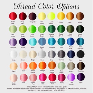 May include: A chart of thread colors with names for each color. The colors are arranged in rows and columns. The colors include red, green, blue, yellow, orange, pink, purple, brown, white, black, and grey.