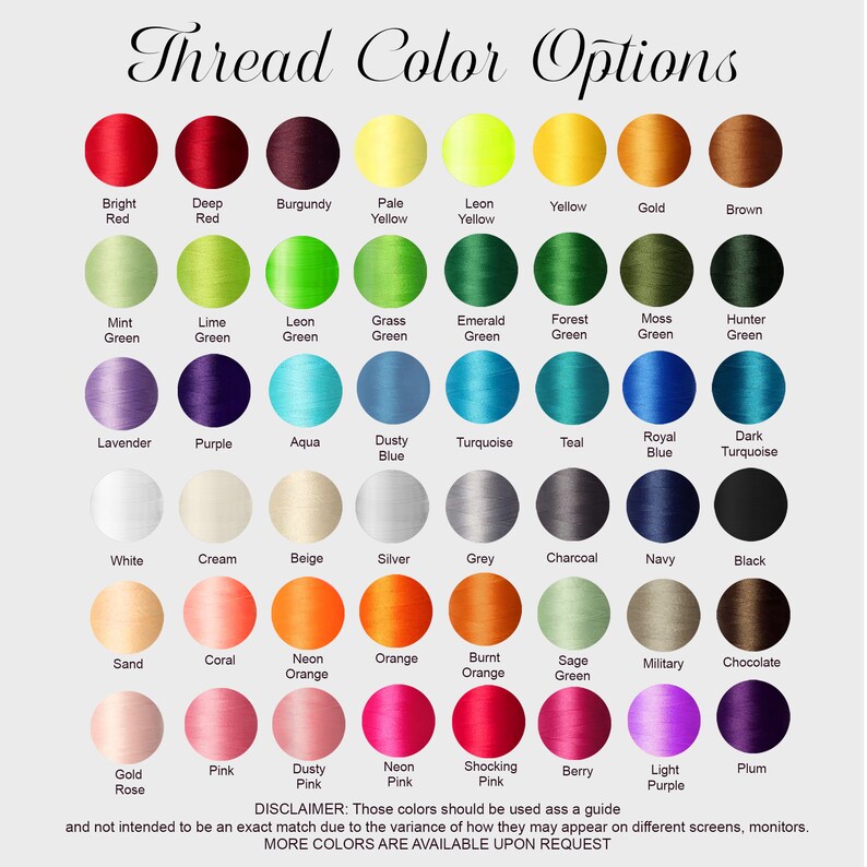 May include: A chart of thread colors with names for each color. The colors are arranged in rows and columns. The colors include red, green, blue, yellow, orange, pink, purple, brown, white, black, and grey.
