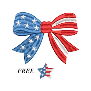 May include: Embroidered bow in red, white, and blue, featuring stars and stripes design. The bow is a patriotic symbol, with a smaller star-shaped design below. The word "FREE" is printed in black.