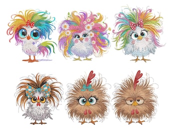 6 Funny Crazy Chicken Embroidery Design, Bundle Floral Chicken Machine Embroidery File, Cute Chicken Machine Embroidery, Instant Download