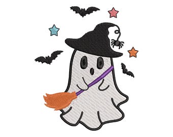 Ghost Embroidery Design, Ghost with Broomstick and Bat Halloween Embroidery Design, Instant Download