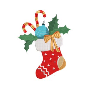 May include: A red and white Christmas stocking with a blue ornament, candy canes, and a gold bow. The stocking is filled with the items and has a white cuff.