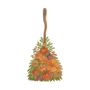May include: A decorative embroidered broom with a wooden handle and a floral arrangement. The flowers are in shades of orange and purple, with green leaves and spiderwebs. The broom is a whimsical design.