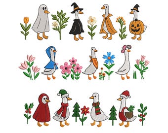 Seasonal Goose Embroidery Design Bundle of 3, Fall Halloween Spring Christmas Goose with Flowers,Cute Animal Machine Embroidery Files