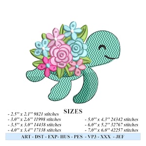 May include: A turquoise sea turtle with a cheerful expression carries a bouquet of pink, blue, and white flowers. The embroidery design is available in multiple sizes, ranging from 2.5 inches to 7 inches, and in various file formats including ART, DST, EXP, HUS, PES, VP3, XXX, and JEF.