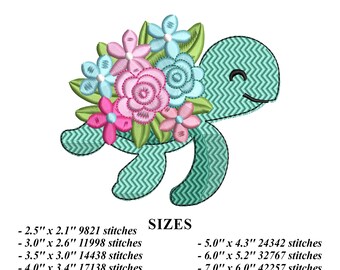 May include: A turquoise sea turtle with a cheerful expression carries a bouquet of pink, blue and white flowers. The embroidery design is available in multiple sizes, ranging from 2.5 inches to 7 inches, and in various file formats including ART, DST, EXP, HUS, PES, VP3, XXX and JEF.