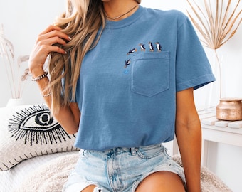 Funny Penguin Embroidered Pocket Tee Comfort Colors Cute Penguin Diving Shirt, Funny Ocean Animal Shirt Gift for Nature Lover MADE IN USA
