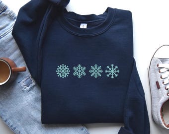 Christmas Embroidered Sweatshirt Personalized, Crewneck Tshirt Hoodie Snowflakes in Doodle Style For Winter, Christmas Gift, MADE IN USA