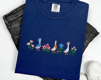 Comfort Colors Shirt Embroidered Cute Goose and Wildflower Shirt, Funny Goose Tshirt Wildflower T-shirt, Silly Geese Shirt Embroidered