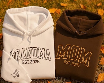 Custom Embroidered Sweatshirt, Name On Sleeve With Heart, Grandma Hoodie Shirt With Date, Mama Est Year Shirt, Gift For New Mom, MADE IN USA