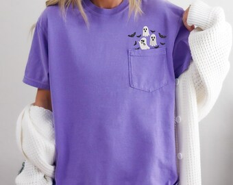Embroidered Ghost Comfort Colors Pocket T-Shirt Halloween Graphic Tee, Unisex Fall Shirt Gift for Her or Him, Halloween Gift, MADE IN USA