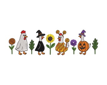 Halloween Chicken Embroidery Design, Funny Farm Chickens in Costumes, Witch Hat, Pumpkin, Candy Swirl, Fall Machine Embroidery File, 6 Sizes