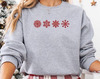 Embroidered Christmas Snowflake Sweatshirt, Red Doodle Style, Holiday Gift