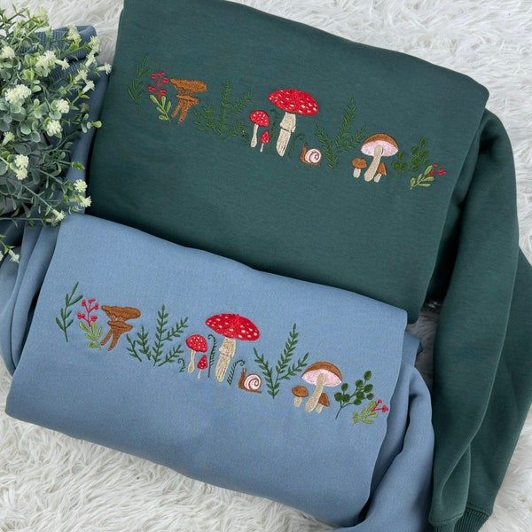 Embroidered Mushroom Sweatshirt, Botany Embroidered Tshirt, Cottage Core Embroidery Hoodie, Embroidered Mushroom Crew Neck Sweatshirt