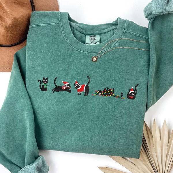 Sweat brodé chat de Noël couleurs confort à manches longues ou tshirt, chemise chat de vacances, cadeau de Noël amusant, haut d'hiver confortable, MADE IN USA