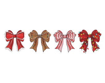 4 Christmas Coquette Bows Embroidery Design, Christmas Light Bow Embroidery File Bundle of 4, Holiday Machine Embroidery Digital Download