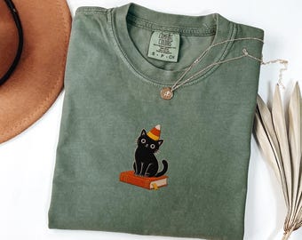 Candy Corn Cat Embroidered Shirt, Black Cat Book Lover Tee, Halloween Cat Embroidery, Comfort Colors Shirt, Cute Autumn Gift