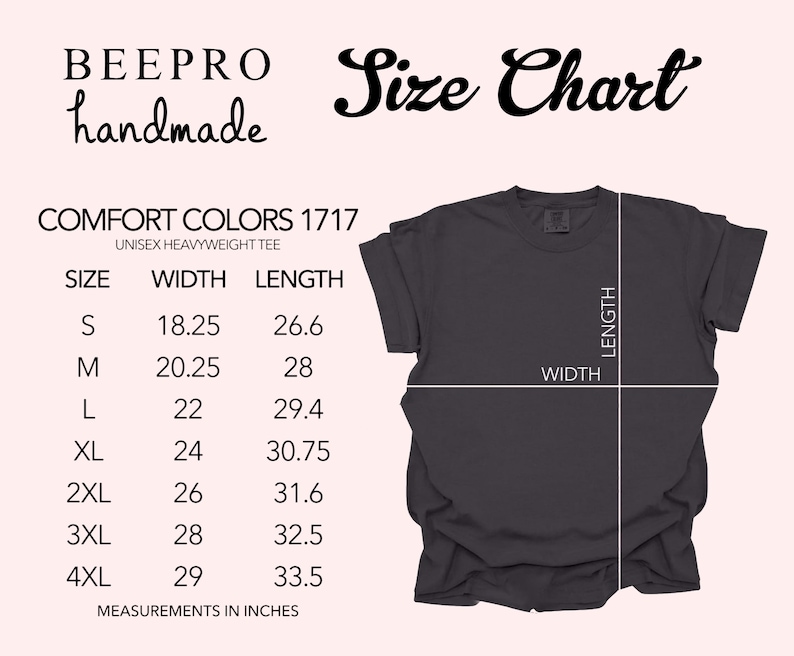 May include: Size chart for unisex heavyweight t-shirts in Comfort Colors 1717. The chart shows measurements in inches for sizes S through 4XL, with width and length measurements for each size.