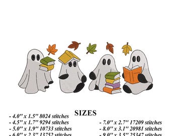 Diseño de bordado de fantasma leyendo, lindo fantasma con libro y hoja, archivo de bordado a máquina para niños, costura de otoño, archivo de máquina de bordar de otoño