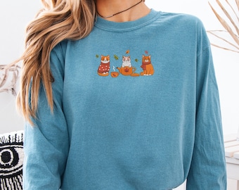 Fall Embroidered Cat Shirt Comfort Colors T-shirt or Long Sleeve Autumn Cute Cat Crewneck, Cozy Fall Sweatshirt for Cat Lovers, MADE IN USA