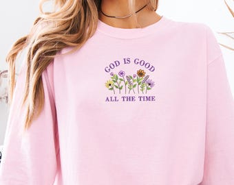 God Is Good Embroidered Comfort Colors Shirt, Floral Christian Tee