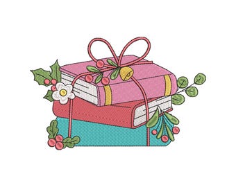 Christmas Books Embroidery Design, Holly Embroidery File, Xmas Book Machine Embroidery Design, 4 sizes, Instant Download