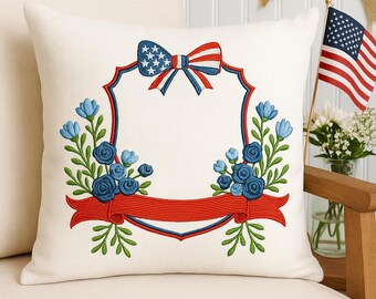 Patriottisch Floral Crest-borduurontwerp, 4 juli-strik en lintsteekbestand, blanco monogramkrans, digitale download