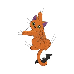 Halloween Cat Embroidery Design, Spider Web Cat Machine Embroidery File – Bat Tail Cat Halloween Stitch – Digital Download for Fall Decor