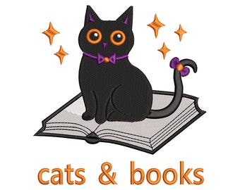 Katten en boeken borduurwerk ontwerpen, Halloween zwarte kat op boek, Reading Cat machineborduurwerk, Witchy Bookish Cat PES DST VP3-bestand