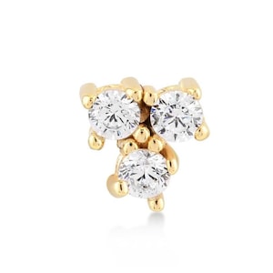 14K Gold Triple CZ Cluster Piercing | Dainty Cartilage Stud with Screwback | Tiny Helix or Tragus Jewelry