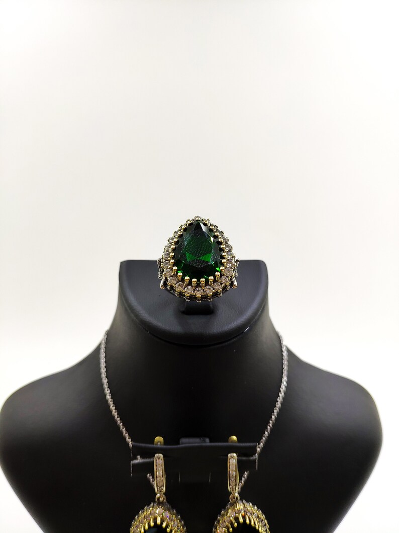 Hurrem Sultan Silver & Bronze Jewelry Set - Ottoman Emerald Ring, Earrings & Necklace For Women