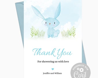 Editable Bunny Baby Shower Thank You Card. Baby Bunny Blue and White. Baby Shower Card. Easter. Instant Download Template.
