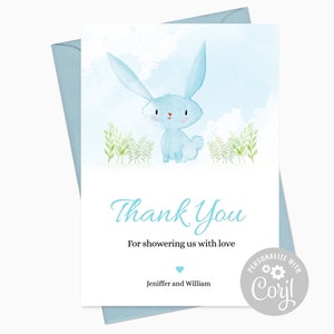Editable Bunny Baby Shower Thank You Card. Baby Bunny Blue and White. Baby Shower Card. Easter. Instant Download Template.