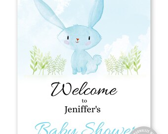 Editable Bunny Baby Shower Welcome Sign. Baby Bunny Blue and White. Baby Shower Welcoming. Easter. Instant Download Template