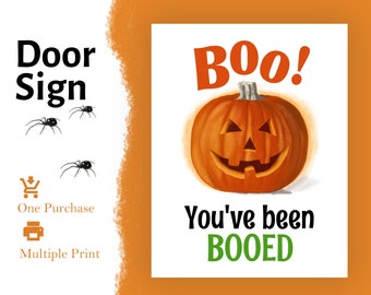 Gepersonaliseerde Halloween-deurbord, pompoendecor 'You've Been Booed' (digitale download)