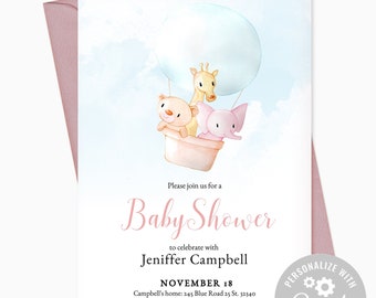 Editable Little Animals Baby Shower Invitation. Baby Animals Pink. Baby Shower Invites. Instant Download Template