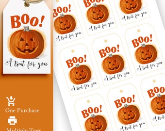 Printbare Halloween-labels met pompoenmotief, Boo-cadeaulabels (alleen digitale bestanden)