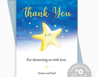 Editable Twinkle Twinkle Baby Shower Thank You Card. Yellow Twinkle Little Star and Blue Sky. Instant Download Template.
